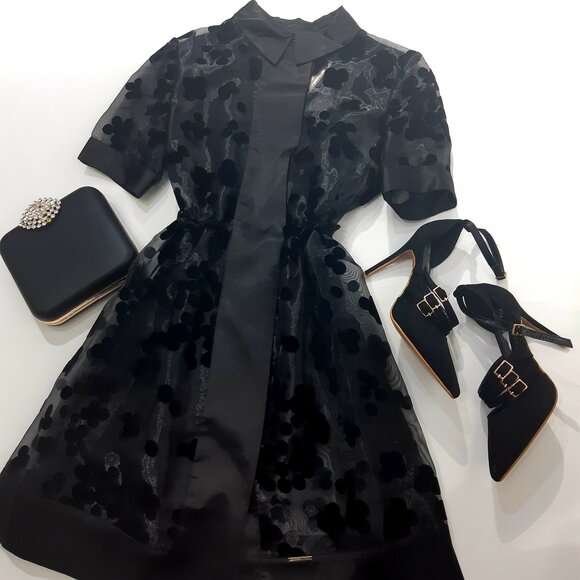 Shirt Collared Sheer Dress with Velvet Blossom Pattern - Picture 2 of 9